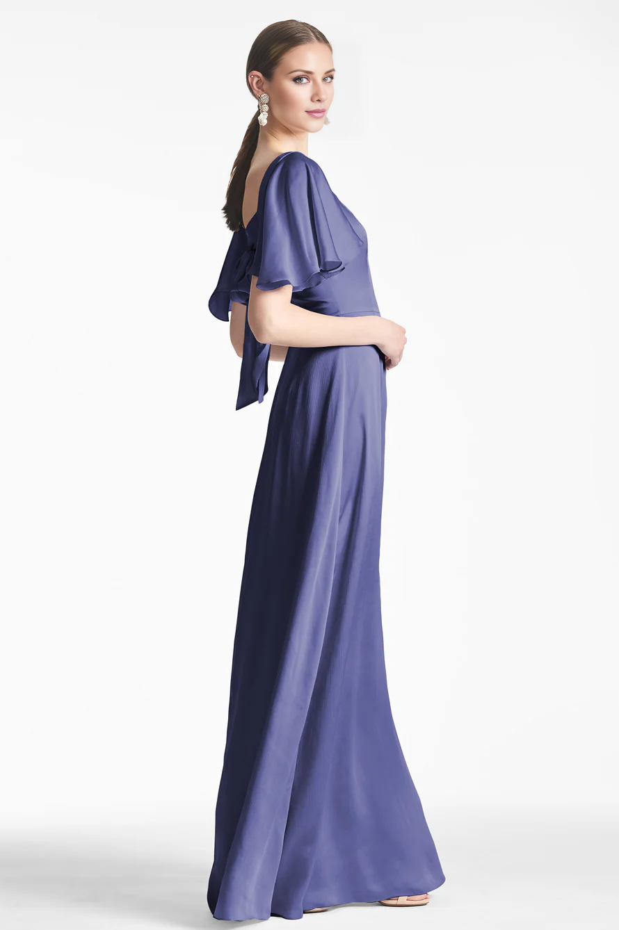 Jimiss square neckline short sleeved back strap backless and floor length Prom dress
